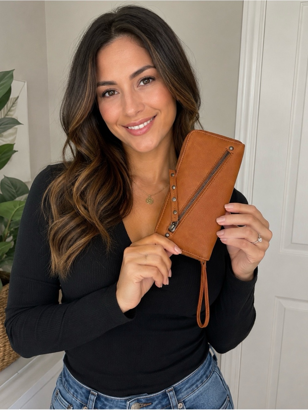 Free People Cognac Leather Wristlet Wallet with Stud Detail